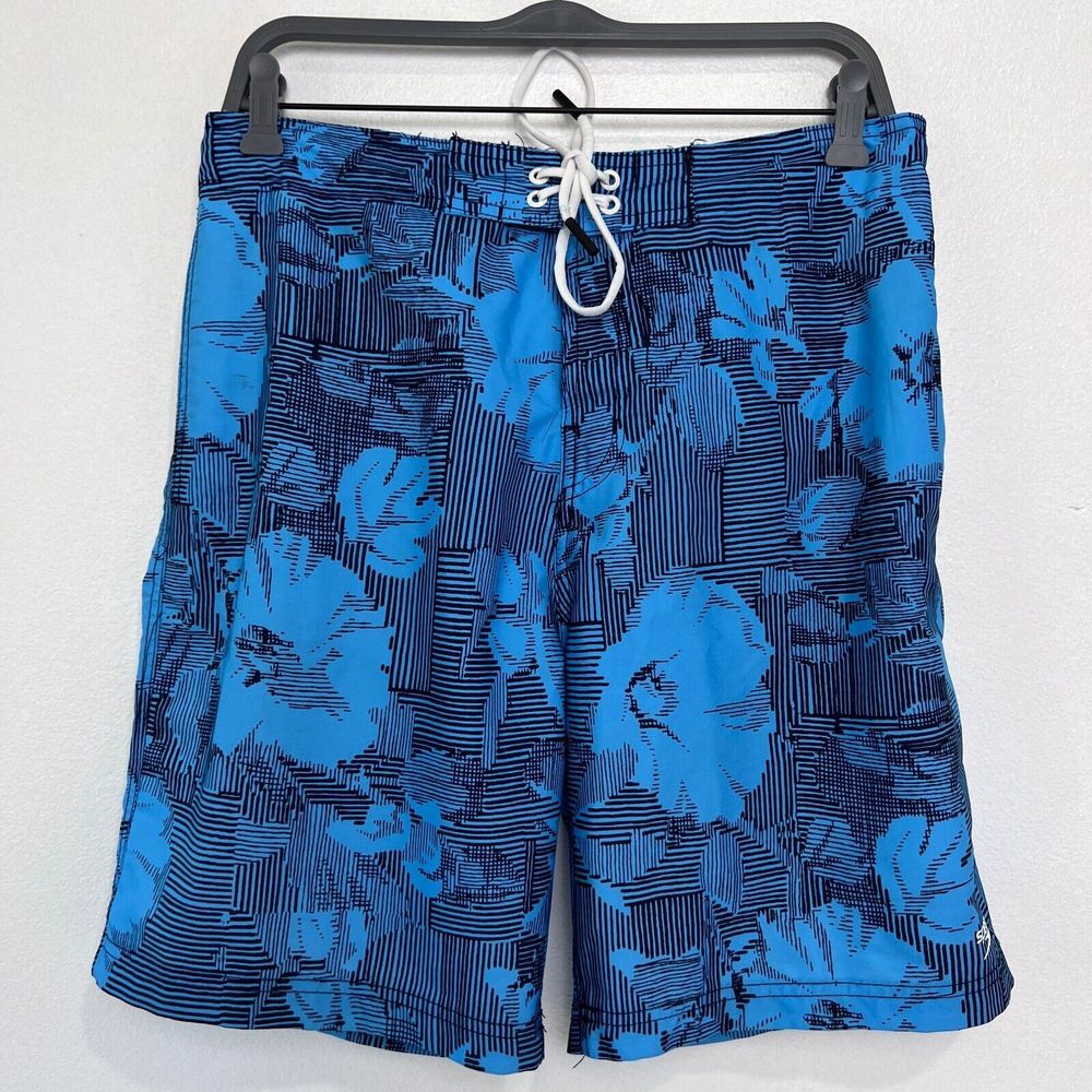 Speedo Mens Blue Floral Pocket Board Swim Lined Shorts Trunks Size 32
